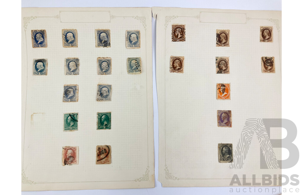 Collection of USA 1870's-80's Stamps Including Franklin, Washington, Webster, Hamilton, Garfield, Star Cancel, Denominations One to Thirty Cents