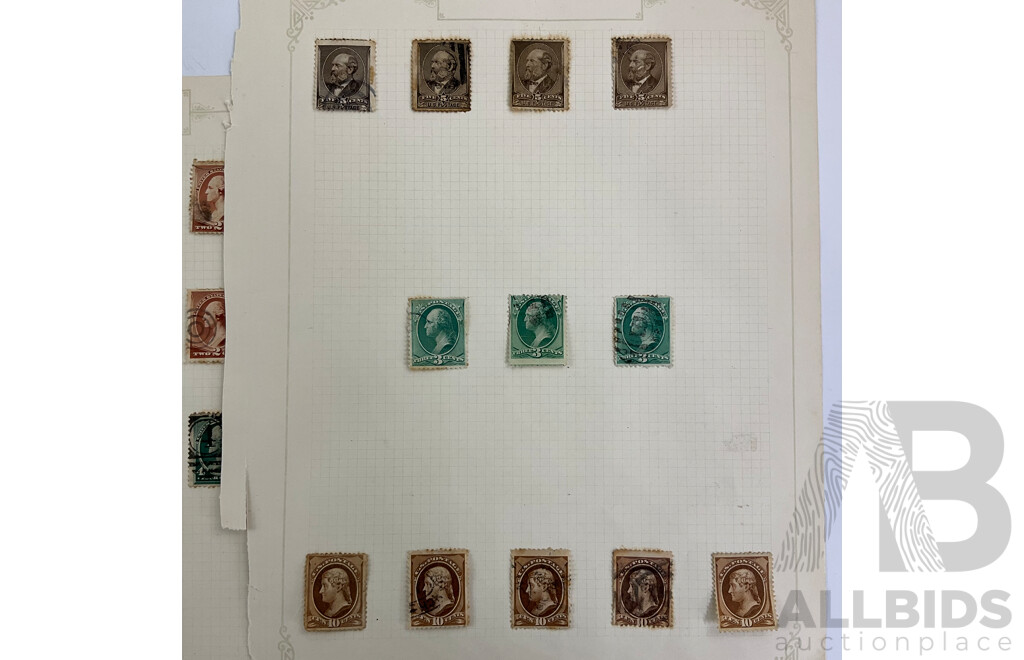 Collection of USA 1870's-80's Stamps Including Franklin, Washington, Webster, Hamilton, Garfield, Star Cancel, Denominations One to Thirty Cents