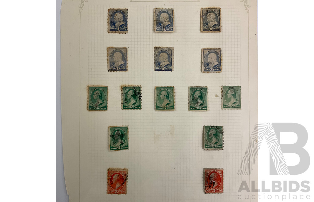 Collection of USA 1870's-80's Stamps Including Franklin, Washington, Webster, Hamilton, Garfield, Star Cancel, Denominations One to Thirty Cents