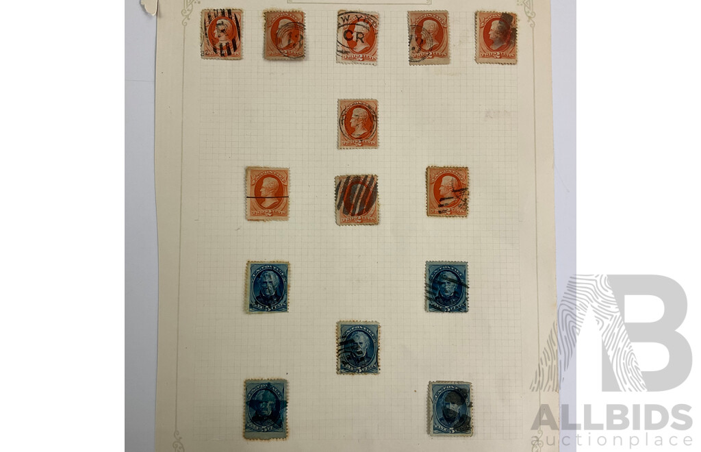 Collection of USA 1870's-80's Stamps Including Franklin, Washington, Webster, Hamilton, Garfield, Star Cancel, Denominations One to Thirty Cents