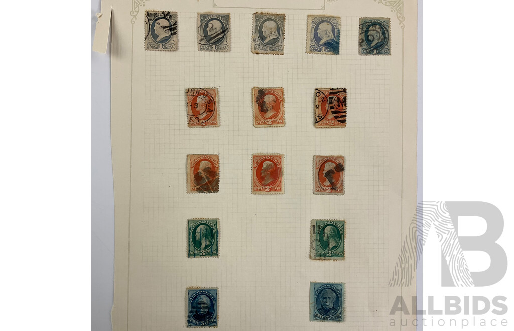 Collection of USA 1870's-80's Stamps Including Franklin, Washington, Webster, Hamilton, Garfield, Star Cancel, Denominations One to Thirty Cents