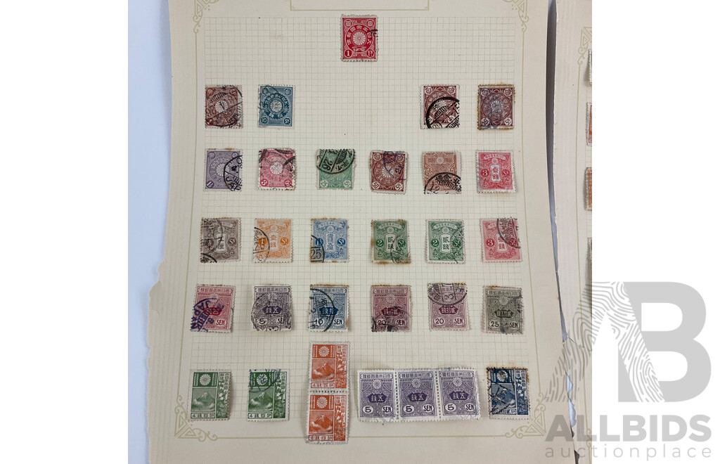 Collection of Japanese Stamps, Examples Spanning 1870's to 1930's, Mint Hinged, Sets, One to Fifty Yen