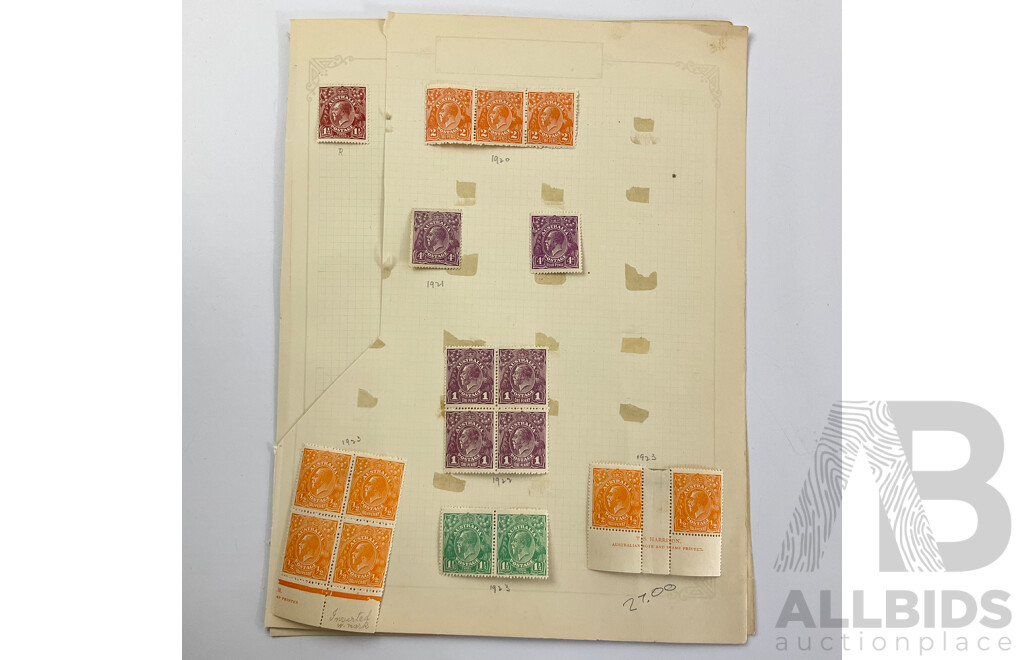 Australian KGV Stamps, 1914 - 1922, Mint Hinged Blocks, Half to Five Penny, Various Water Marks
