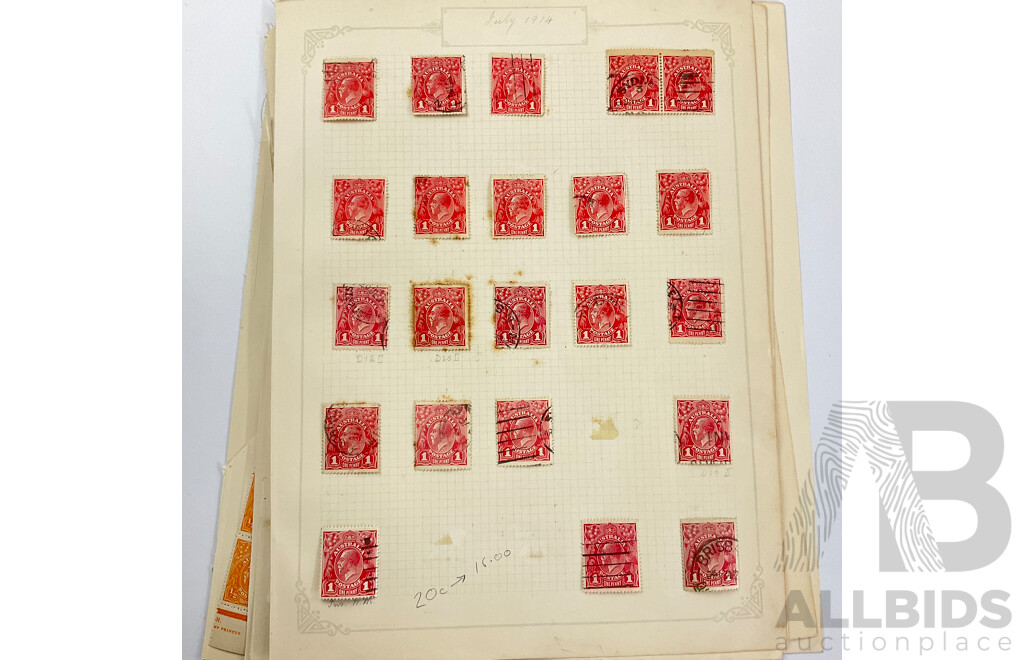 Australian KGV Stamps, 1914 - 1922, Mint Hinged Blocks, Half to Five Penny, Various Water Marks