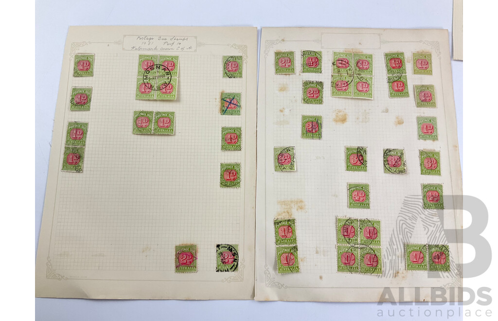 Collection of Australian 1910's- 1920's Postage Due Stamps, Blocks, Hand Cancel, Various Water Marks, Half Penny to Four Penny