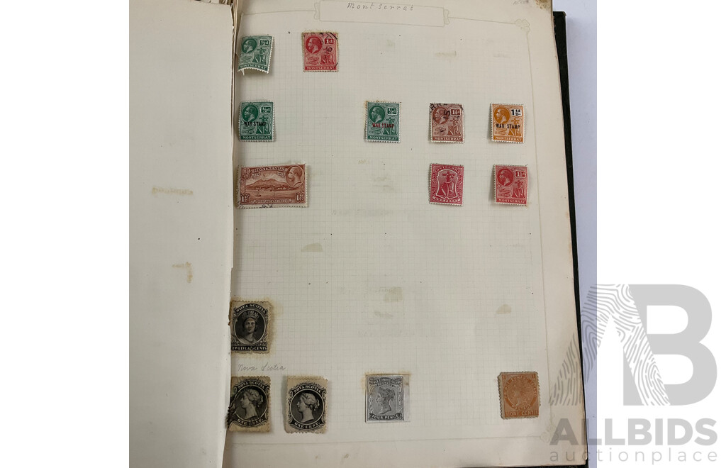 Album of Mostly Antique Commonwealth Countries Stamps Including Montserrat, Nova Scotia, Turks and Caicos Islands, British East Africa, Cape of Good Hope, Gambia, Mauritius, Nyasland, Sierra Leone, Kenya and More