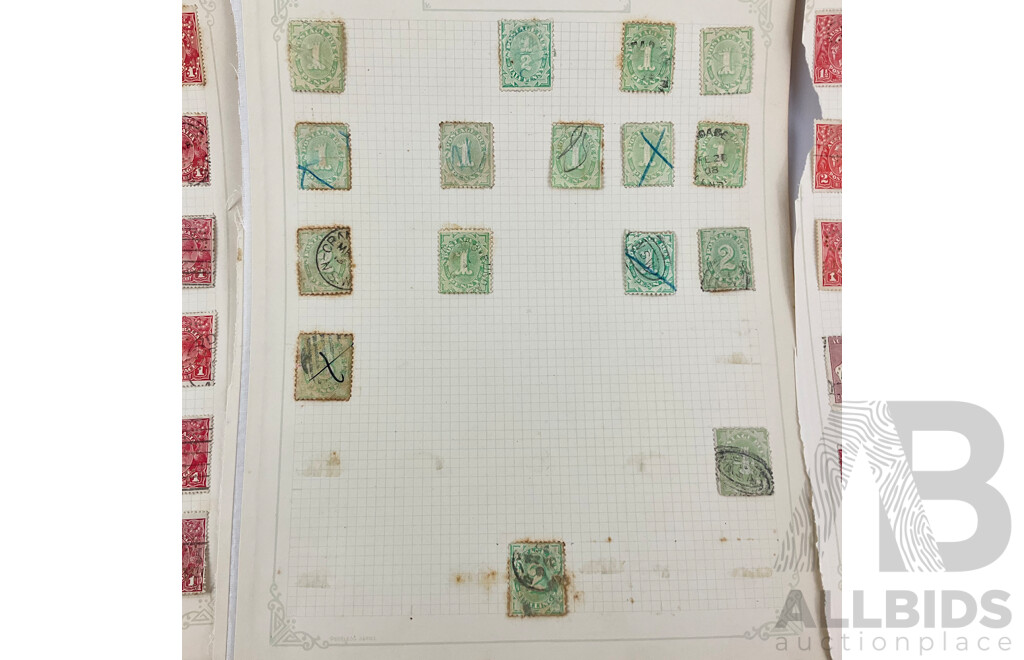 Collection of Australian Predecimal Perfin and Postage Due Stamps Including OS, OS NSW, G NSW, Hand Cancels, Blocks, Kangaroo on Map, KGV, KGVI