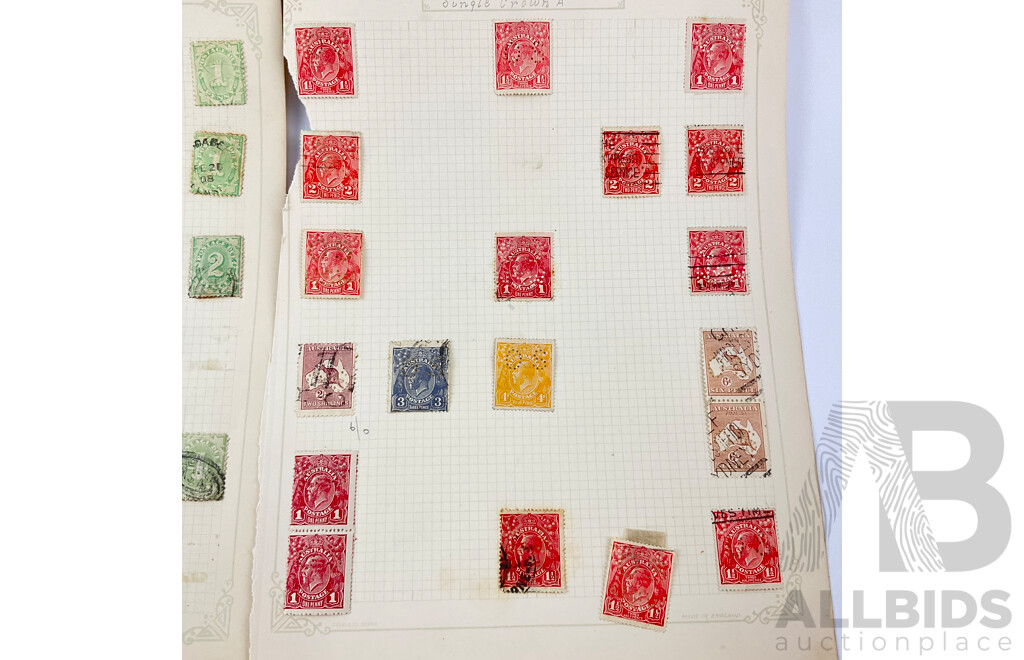 Collection of Australian Predecimal Perfin and Postage Due Stamps Including OS, OS NSW, G NSW, Hand Cancels, Blocks, Kangaroo on Map, KGV, KGVI