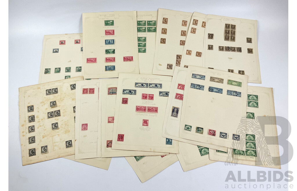 Collection of USA 1920's Stamps Including Harding, Nathan Hale, Harrison, Wilson, Roosevelt, Lexington-Concord Commemorative, Airmail, Overprints, Hinged Mint Blocks