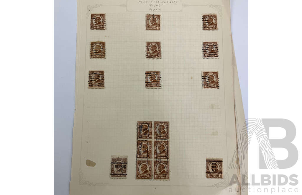 Collection of USA 1920's Stamps Including Harding, Nathan Hale, Harrison, Wilson, Roosevelt, Lexington-Concord Commemorative, Airmail, Overprints, Hinged Mint Blocks