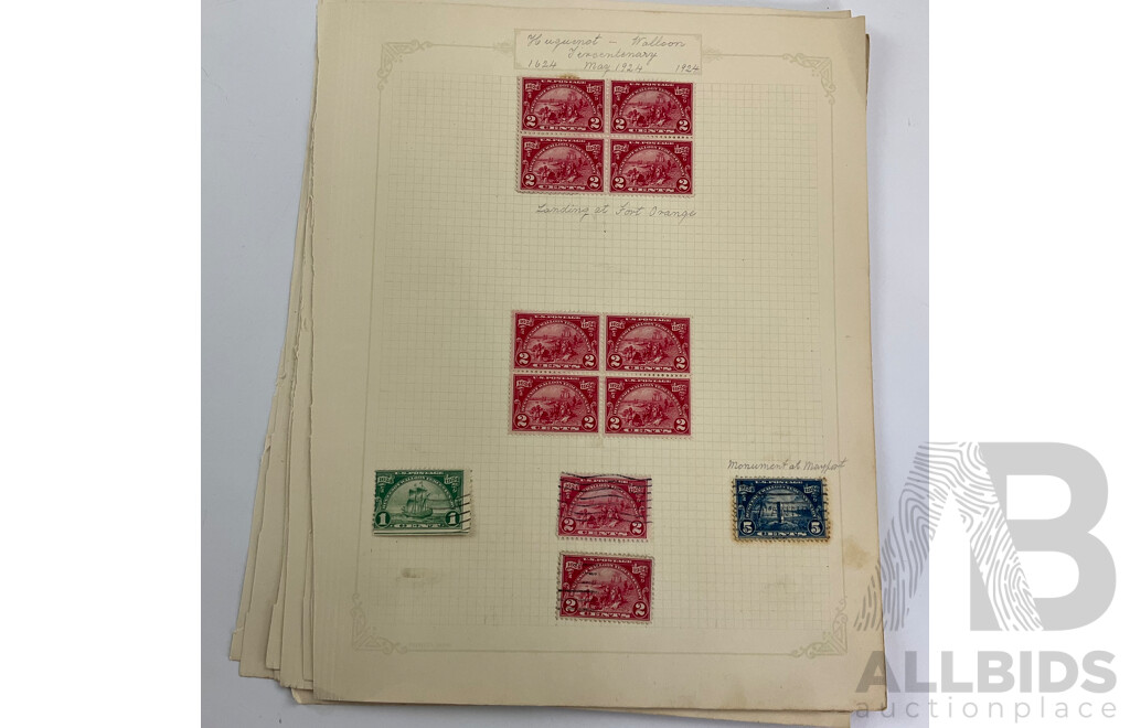 Collection of USA 1920's Stamps Including Harding, Nathan Hale, Harrison, Wilson, Roosevelt, Lexington-Concord Commemorative, Airmail, Overprints, Hinged Mint Blocks
