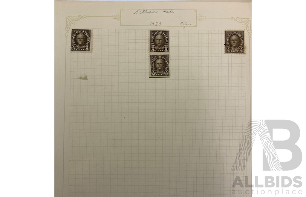 Collection of USA 1920's Stamps Including Harding, Nathan Hale, Harrison, Wilson, Roosevelt, Lexington-Concord Commemorative, Airmail, Overprints, Hinged Mint Blocks