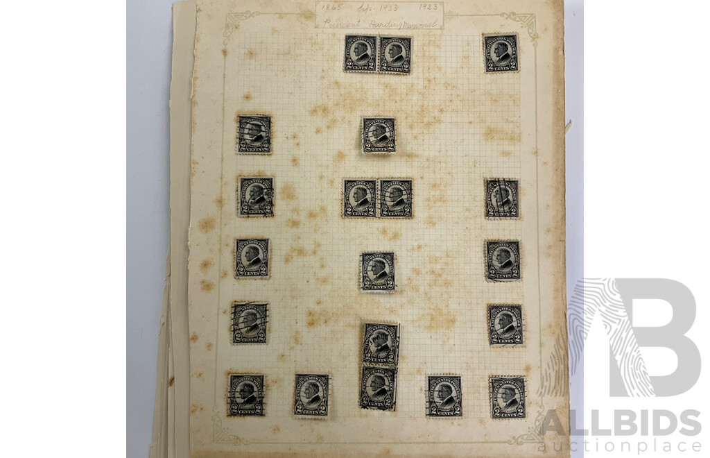 Collection of USA 1920's Stamps Including Harding, Nathan Hale, Harrison, Wilson, Roosevelt, Lexington-Concord Commemorative, Airmail, Overprints, Hinged Mint Blocks