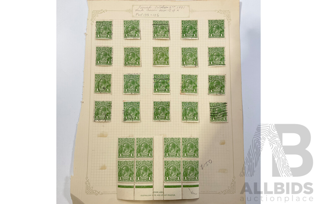 Collection of Australian KGV Half Penny and One Penny Stamps Including Hinged John Ash and A.J Mullett Mint Blocks