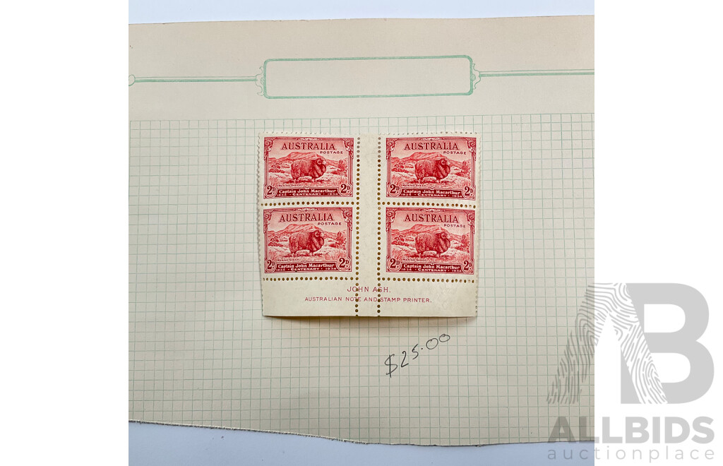 Australian 1934 Cetenary of Victoria Stamps Including Two, Three Penny, One Shilling with John Ash Two and Three Penny Mint Hinged Blocks and Captain John Macarthur Mint Hinged John Ash Block and Pair