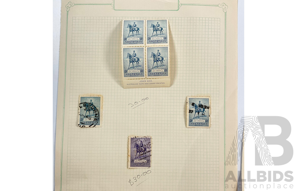 Australian 1935 KGV Coronation Stamps, Two, Three Penny, Two Shilling, Mint Hinged John Ash Two and Three Penny Blocks with 1936 Stamps Commemorating Submarine Telephone Communications to Tasmania, Mint Hinged John Ash Two and Three Penny Blocks