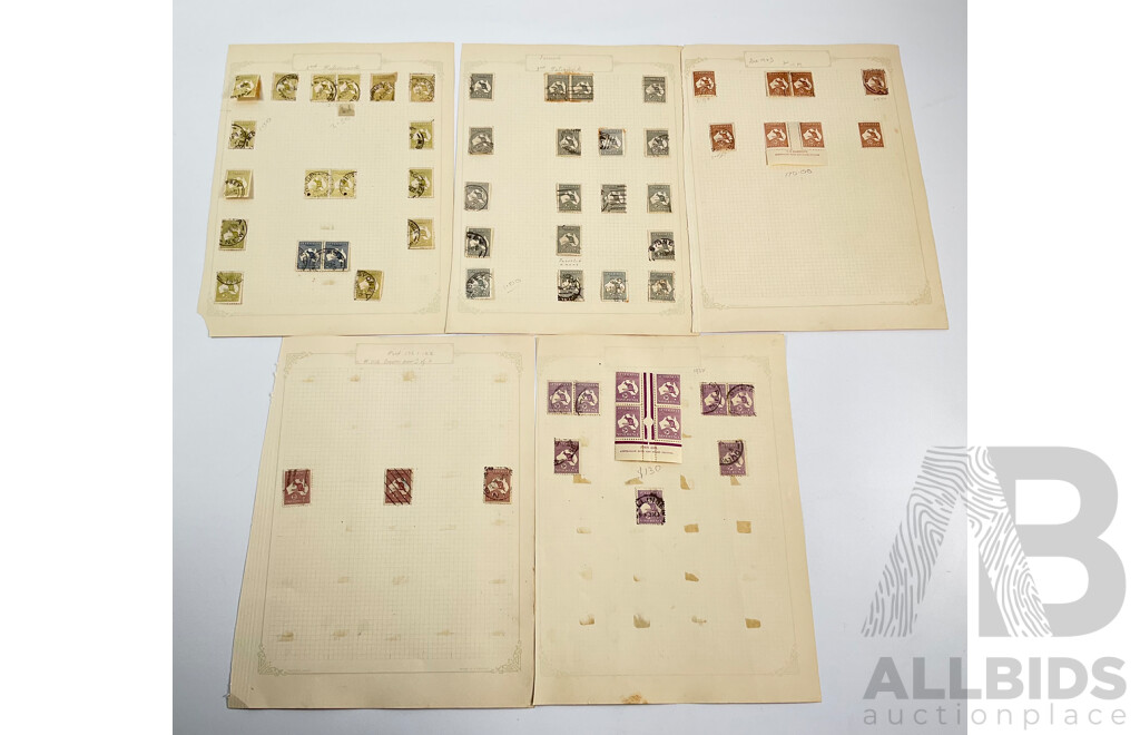 Collection of Australian Kangaroo on Map Stamps Including Twopence, Two and Half Pence, Threepence, Sixpence, Ninepence, Two Shilling, Mint Hinged T.S. Harrison Sixpence Pair, John Ash Ninepence Block