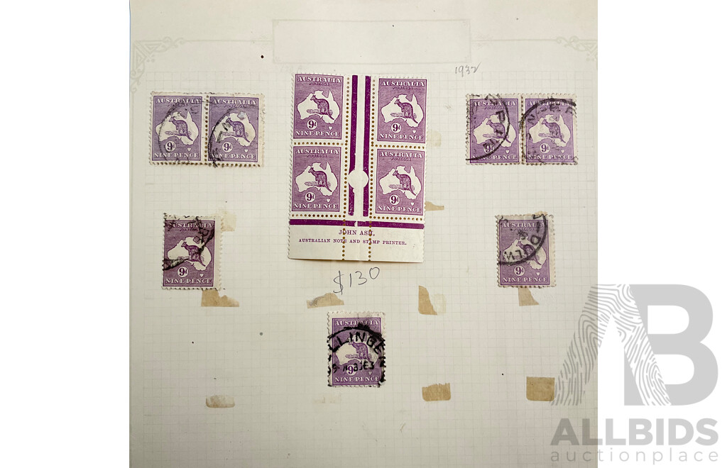 Collection of Australian Kangaroo on Map Stamps Including Twopence, Two and Half Pence, Threepence, Sixpence, Ninepence, Two Shilling, Mint Hinged T.S. Harrison Sixpence Pair, John Ash Ninepence Block