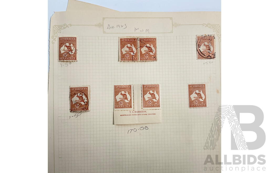 Collection of Australian Kangaroo on Map Stamps Including Twopence, Two and Half Pence, Threepence, Sixpence, Ninepence, Two Shilling, Mint Hinged T.S. Harrison Sixpence Pair, John Ash Ninepence Block