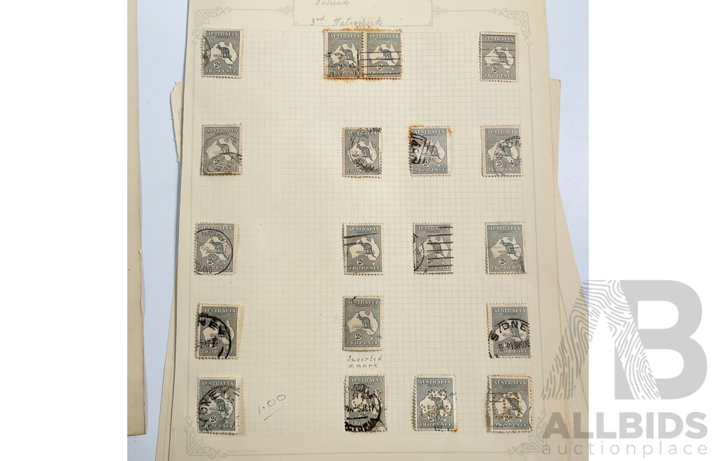 Collection of Australian Kangaroo on Map Stamps Including Twopence, Two and Half Pence, Threepence, Sixpence, Ninepence, Two Shilling, Mint Hinged T.S. Harrison Sixpence Pair, John Ash Ninepence Block