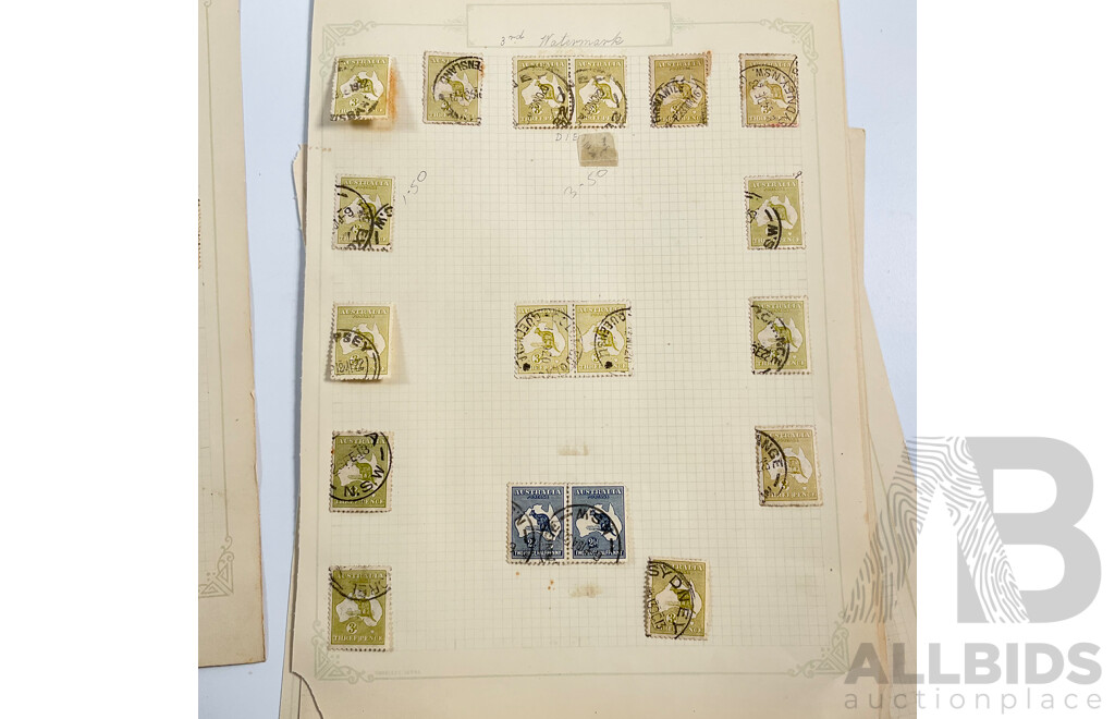 Collection of Australian Kangaroo on Map Stamps Including Twopence, Two and Half Pence, Threepence, Sixpence, Ninepence, Two Shilling, Mint Hinged T.S. Harrison Sixpence Pair, John Ash Ninepence Block