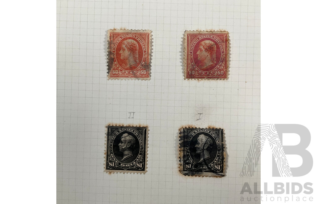 Collection of USA 1890's Stamps Including Oliver Perry One Dollar Type One and Two, Thomas Jefferson Fifty Cent, Daniel Webster Ten Cent and More