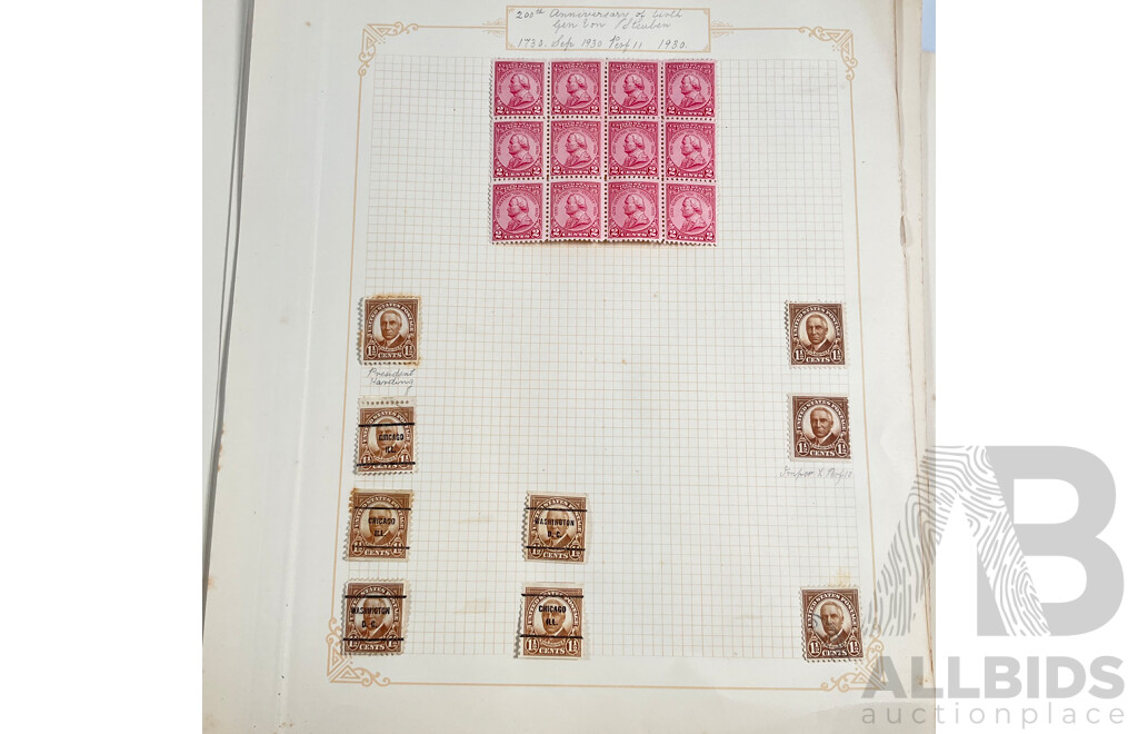 Collection of USA 1930's Stamps Including Mint Hinged Blocks, 1931 150th Anniversary of Yorktown Siege, 50th Anniversary of Red Cross, 1932 Los Angles Olympics, Bicentenary of the Birth of George Washington and More