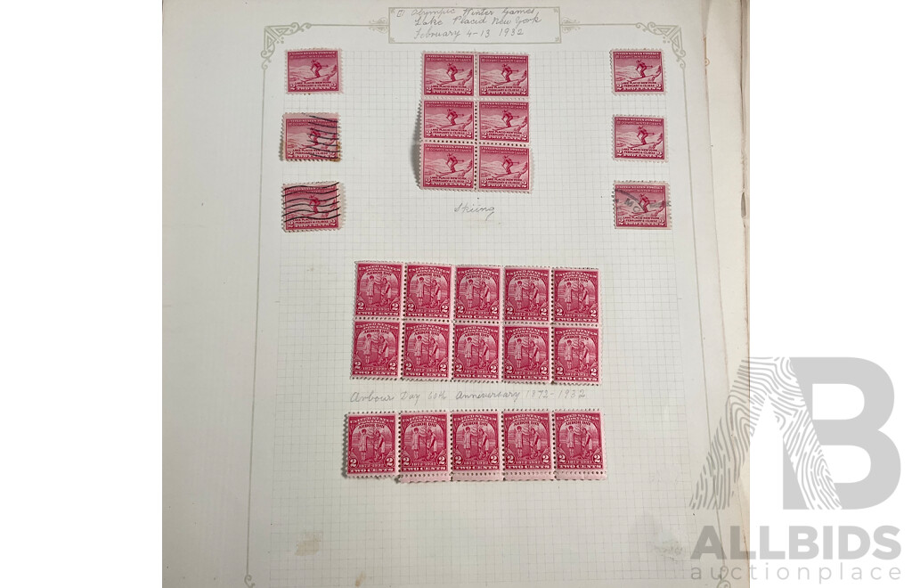 Collection of USA 1930's Stamps Including Mint Hinged Blocks, 1931 150th Anniversary of Yorktown Siege, 50th Anniversary of Red Cross, 1932 Los Angles Olympics, Bicentenary of the Birth of George Washington and More