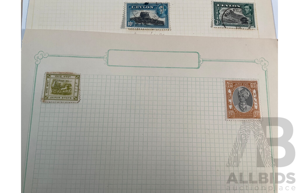 Collection of French India, Charkhari State Bamra, Jaipur State, Bhopal, Ceylon, Stamps Spanning 1910's to 1930's Including Mint Hinged, Over Prints, Imperfs