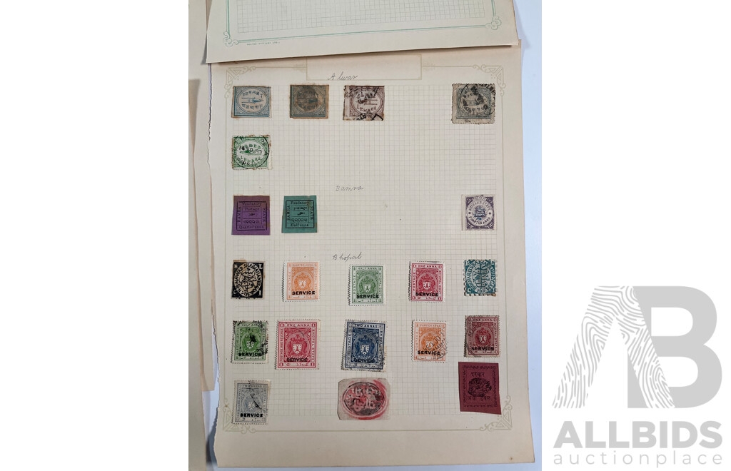 Collection of French India, Charkhari State Bamra, Jaipur State, Bhopal, Ceylon, Stamps Spanning 1910's to 1930's Including Mint Hinged, Over Prints, Imperfs