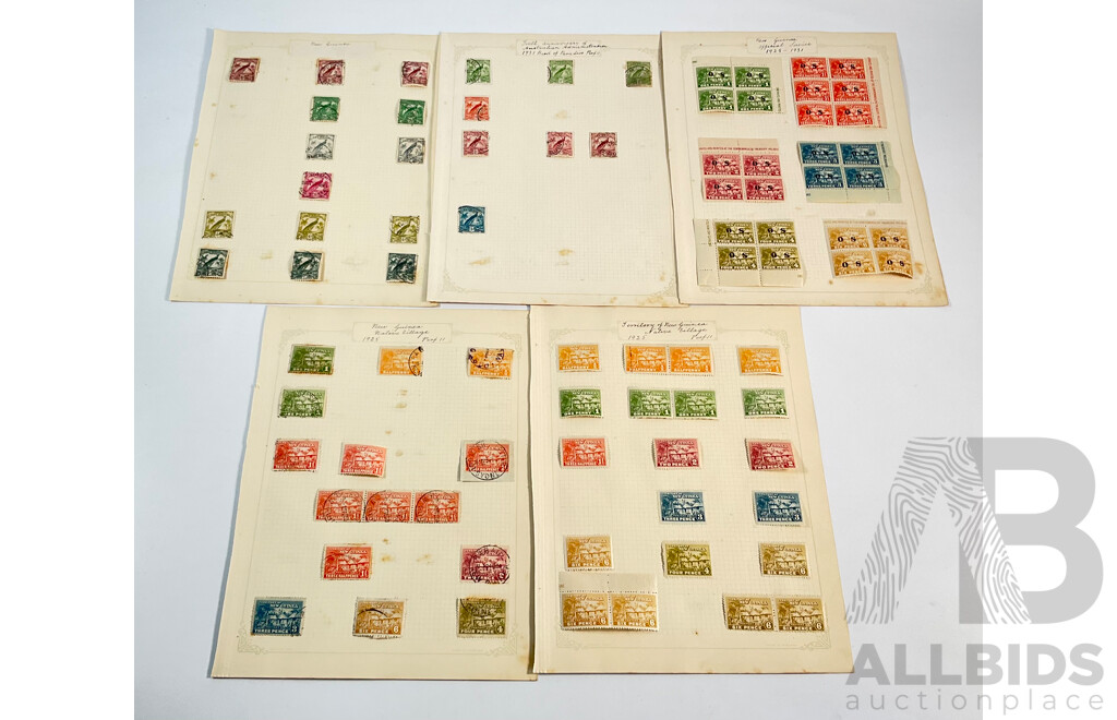 Collection of 1920's -1930's Territory of New Guinea Stamps Including Official Service Mint Hinged Blocks and Commonwealth Treasury Melbourne Prints, Half Penny to Sixpence