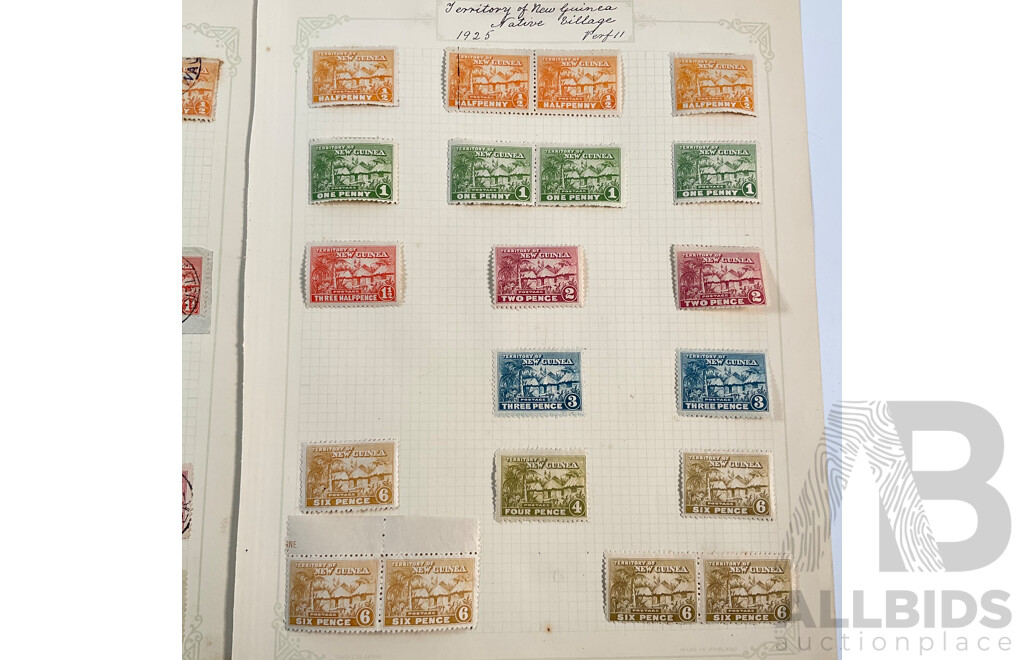 Collection of 1920's -1930's Territory of New Guinea Stamps Including Official Service Mint Hinged Blocks and Commonwealth Treasury Melbourne Prints, Half Penny to Sixpence