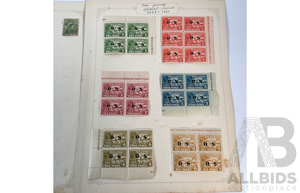 Collection of 1920's -1930's Territory of New Guinea Stamps Including Official Service Mint Hinged Blocks and Commonwealth Treasury Melbourne Prints, Half Penny to Sixpence
