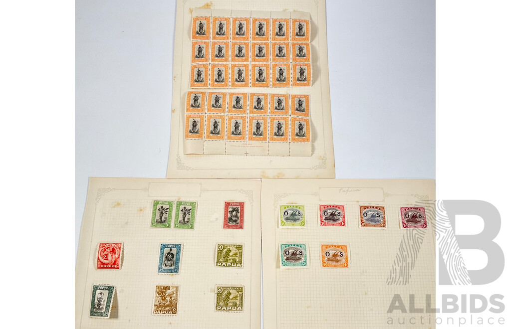 Papua 1932 Half Penny Motuan Girl Mint Hinged Stamp Blocks, John Ash Print, 1931 Lakatoi Set to Four Penny