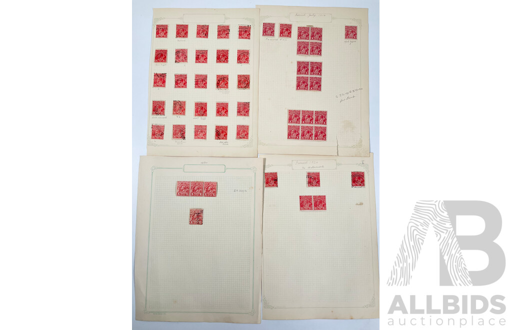 Collection of Australian KGV Head Stamps, One Penny, One and Half Penny, Mint Hinged Blocks, Various Water Marks