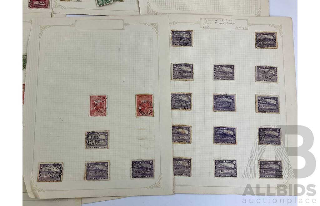 Collection of Tasmanian Stamps 1899-1905 Including Mount Wellington, Lake Marion, Hobart, Russel Falls, Over Prints