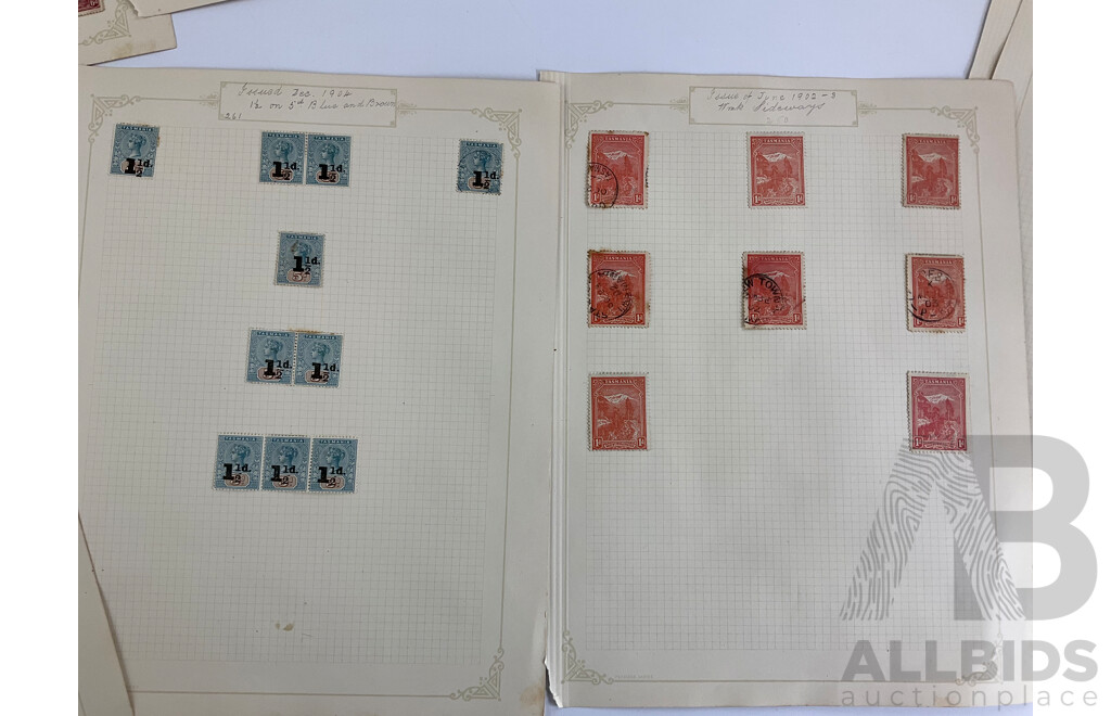 Collection of Tasmanian Stamps 1899-1905 Including Mount Wellington, Lake Marion, Hobart, Russel Falls, Over Prints