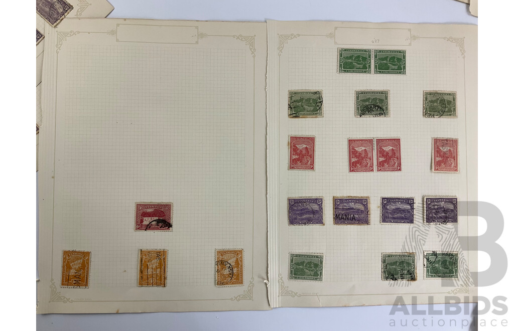 Collection of Tasmanian Stamps 1899-1905 Including Mount Wellington, Lake Marion, Hobart, Russel Falls, Over Prints