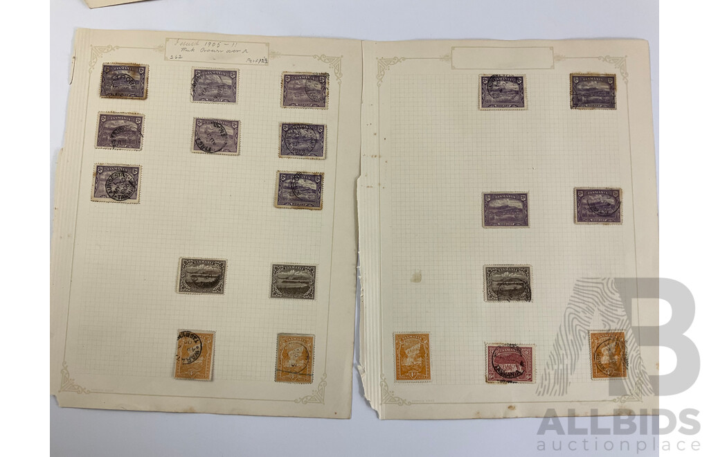 Collection of Tasmanian Stamps 1899-1905 Including Mount Wellington, Lake Marion, Hobart, Russel Falls, Over Prints