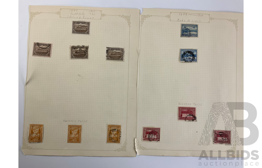 Collection of Tasmanian Stamps 1899-1905 Including Mount Wellington, Lake Marion, Hobart, Russel Falls, Over Prints