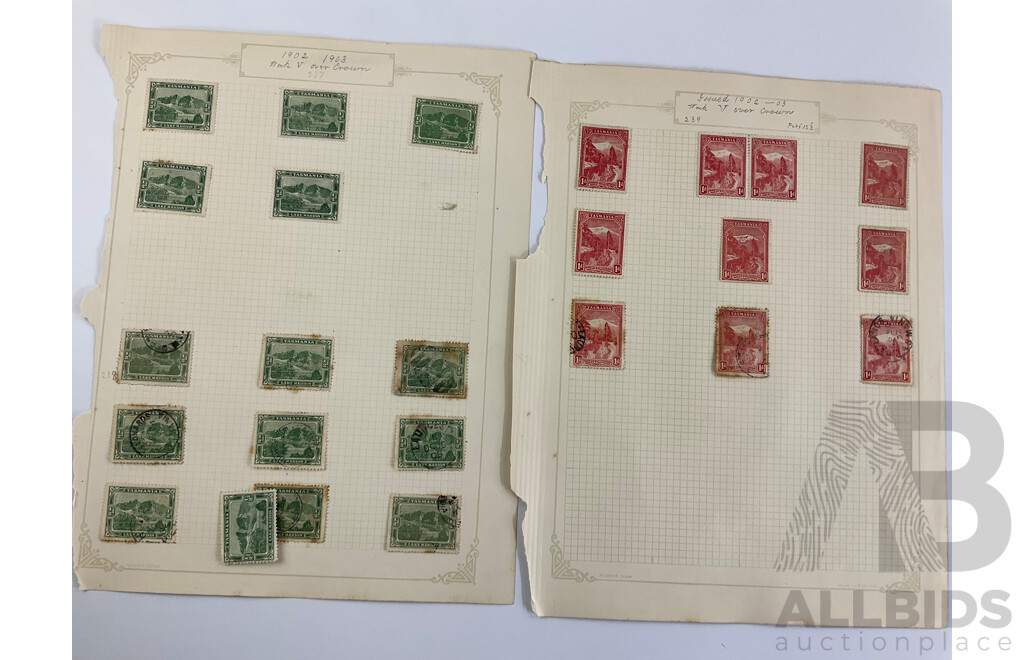 Collection of Tasmanian Stamps 1899-1905 Including Mount Wellington, Lake Marion, Hobart, Russel Falls, Over Prints