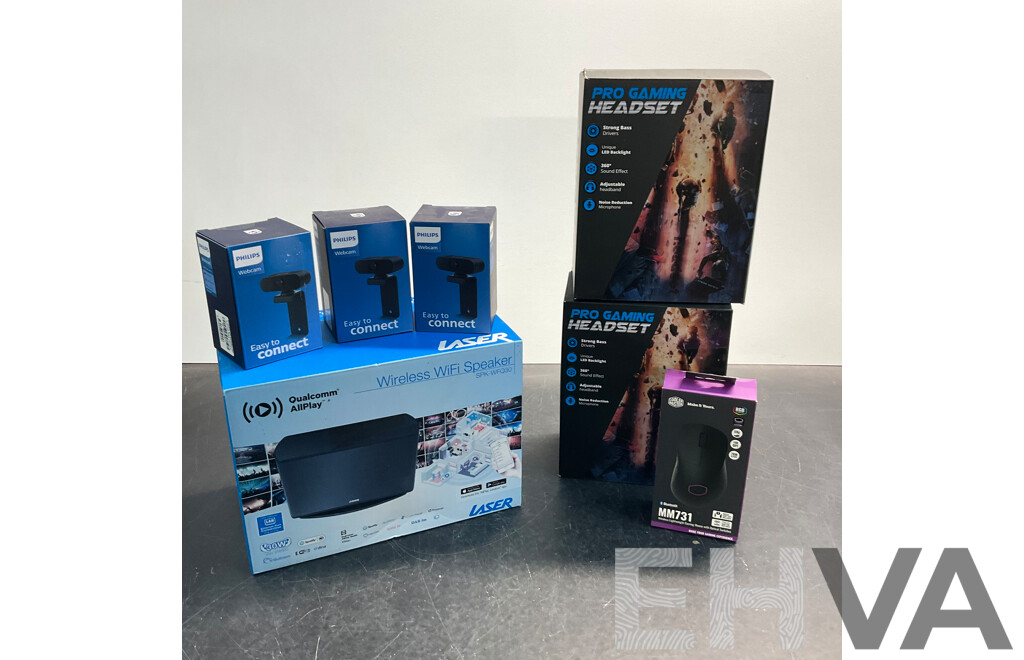 LASER Wireless WiFi Speaker  SPK-WFQ30 & PHILIPS Webcam & Pro Gaming Headset & COOLER MASTER MM731 Mouse - Lot of 7