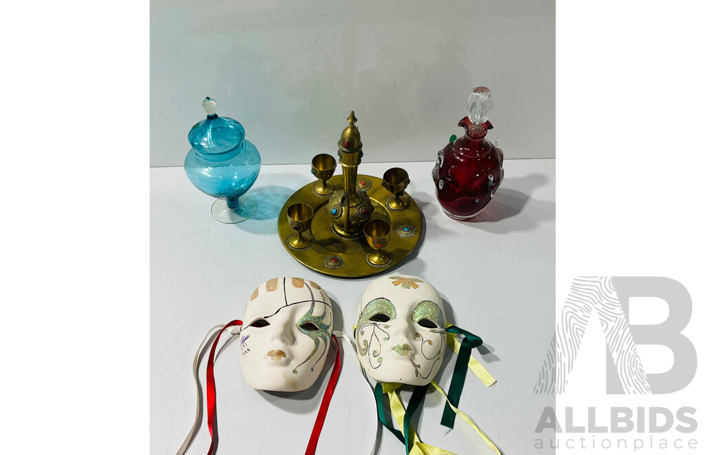 Collection of Vintage Brassware, Pair of Art Glass Vases and Pair of Handpainted Venetian Style Masks