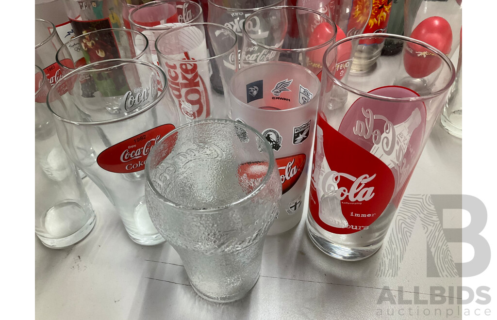Collection of Coca Cola Glasses, Cups and Thermos,Including 2000 Olympics, Classic and AFL