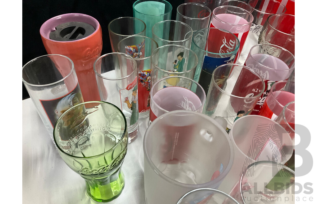 Collection of Coca Cola Glasses, Cups and Thermos,Including 2000 Olympics, Classic and AFL