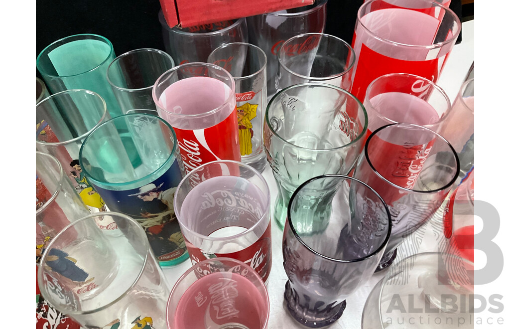 Collection of Coca Cola Glasses, Cups and Thermos,Including 2000 Olympics, Classic and AFL