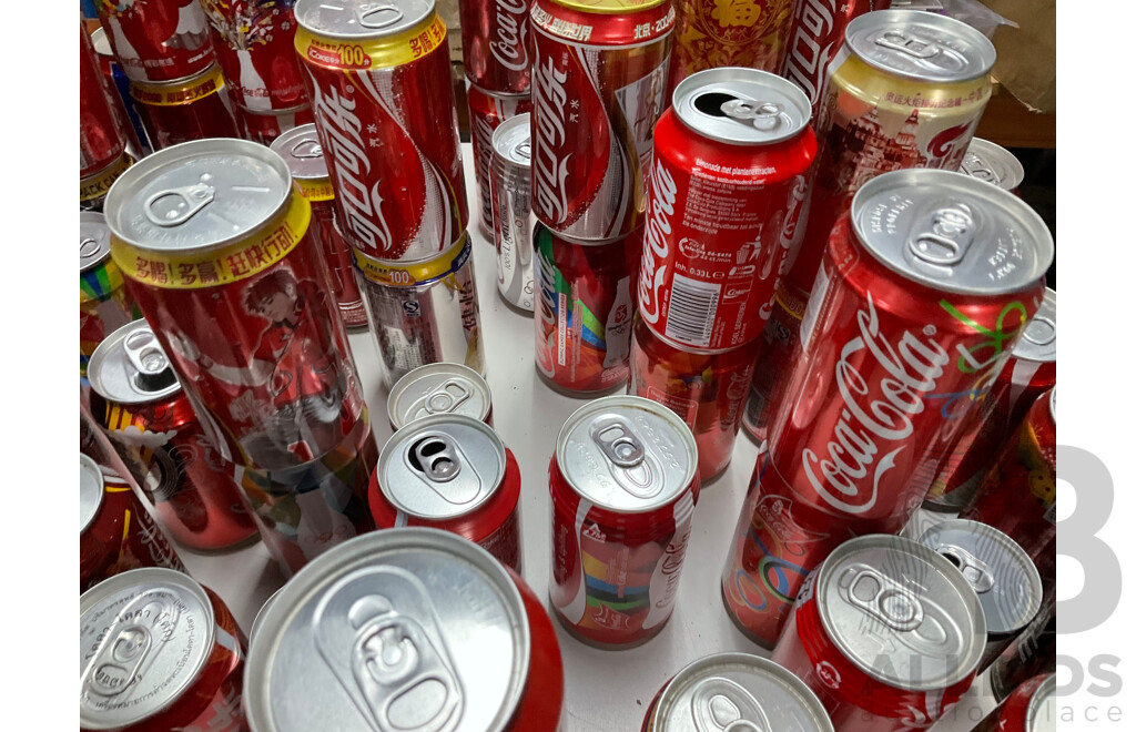 Large Collection of Coca Cola Commemorative and Intentional Cans Including Olympics, World Cup, Superbowl, Vintage Steel and More
