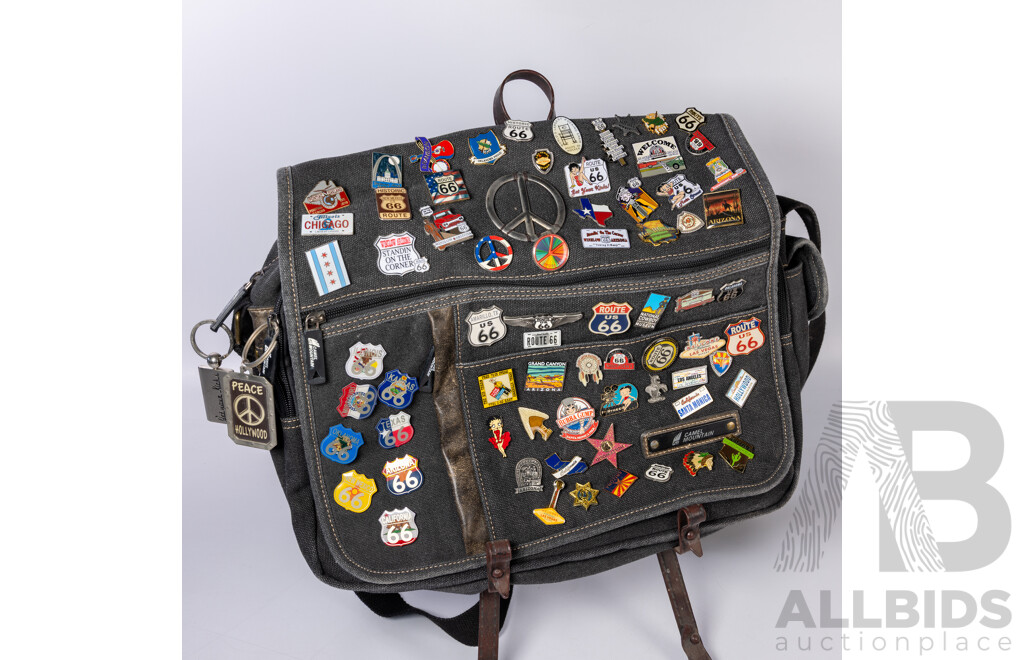 Vintage Denim Satchel Bag with Original Route 66 Pins