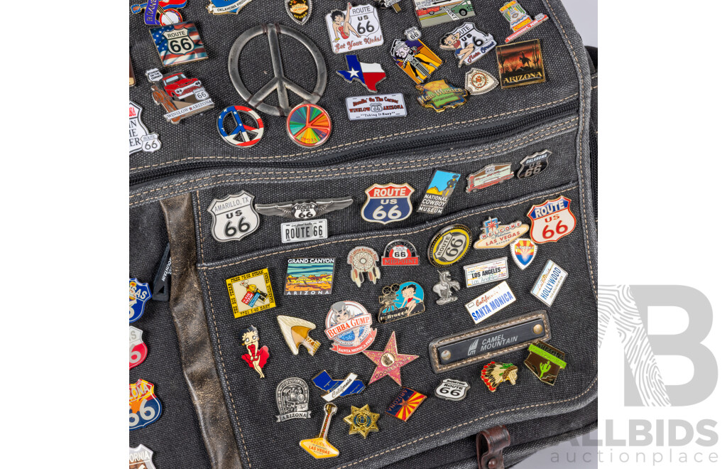 Vintage Denim Satchel Bag with Original Route 66 Pins