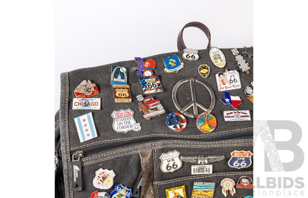 Vintage Denim Satchel Bag with Original Route 66 Pins